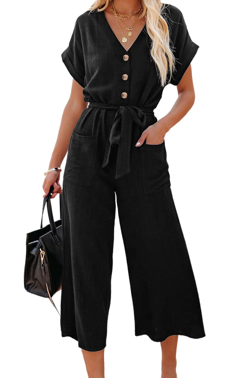 Black Dolman Button Belted V Neck Wide Leg Pocketed Jumpsuit - loveforevers