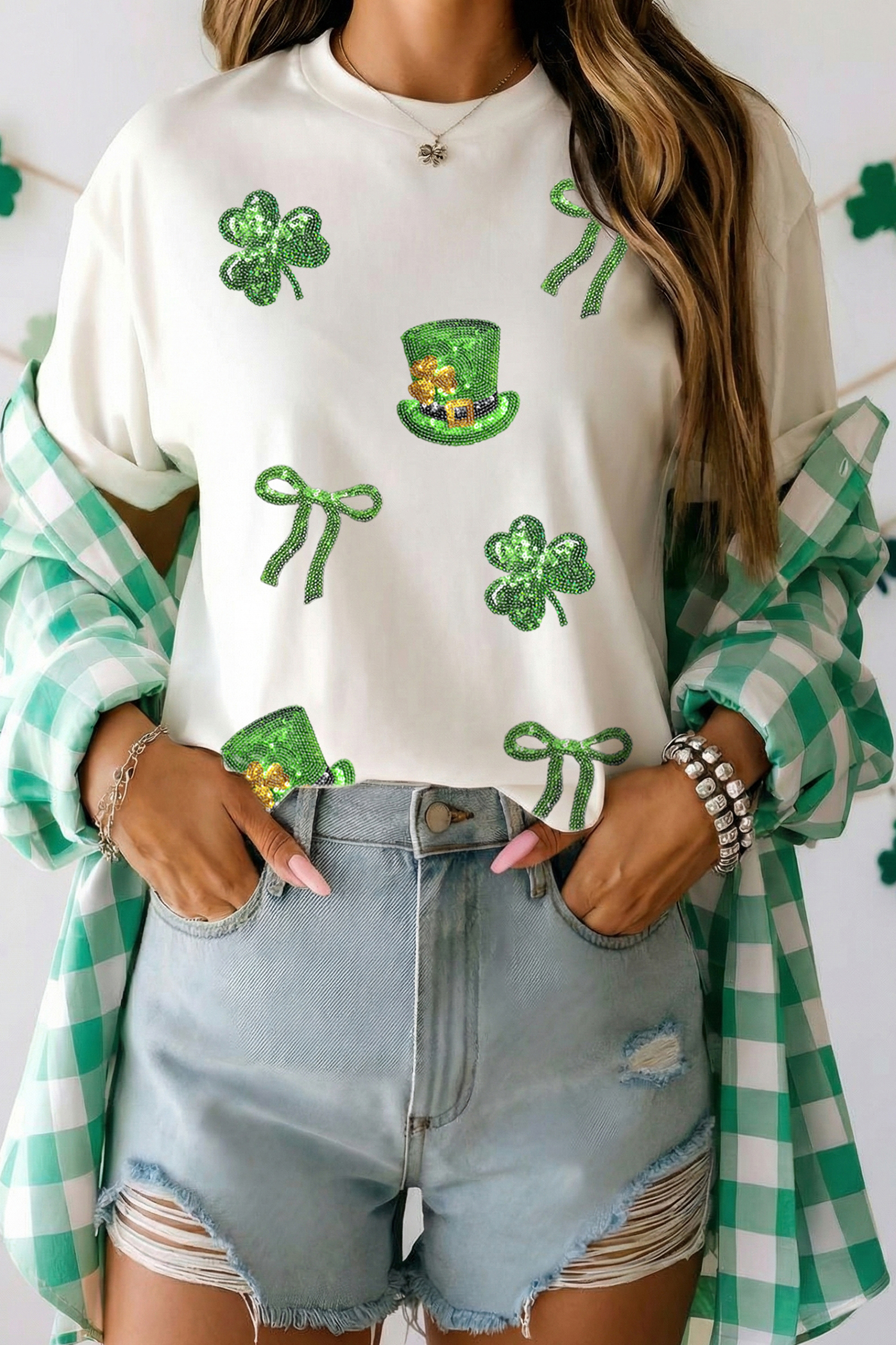 White Coquette St Patricks Day Sequin Graphic T Shirt - loveforevers