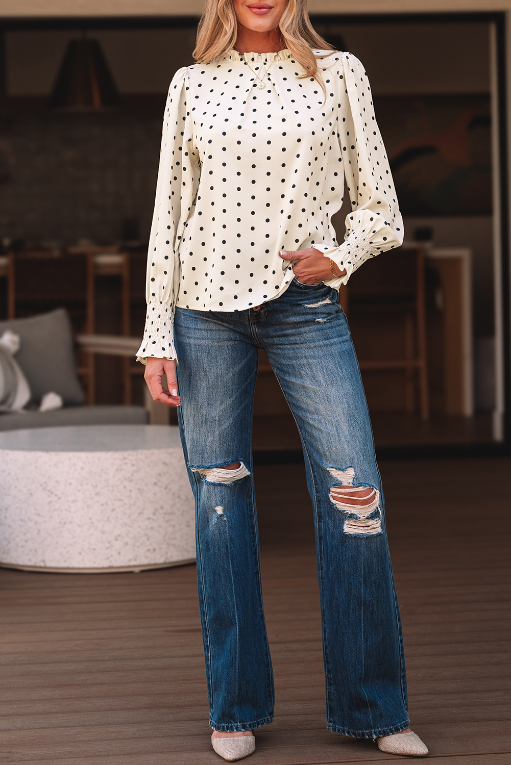 Apricot Polka Dot Print Frilled Collar Lantern Sleeve Blouse - loveforevers