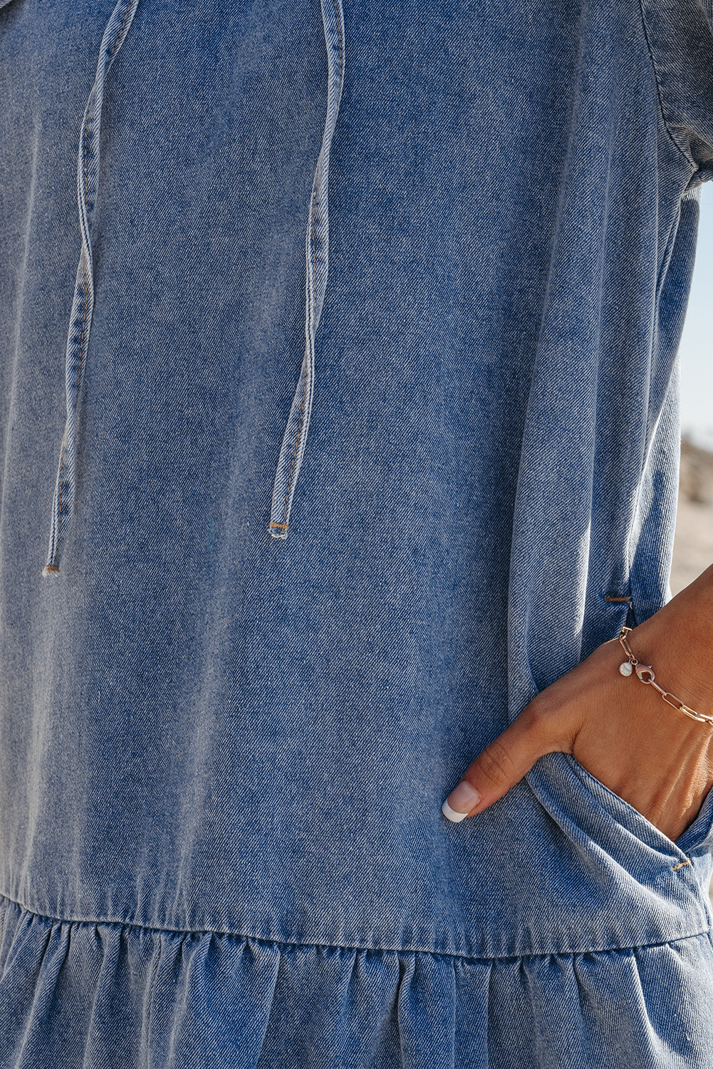 Dusk Blue Ruffled Collared Side Pockets Puff Sleeve Denim Mini Dress - loveforevers