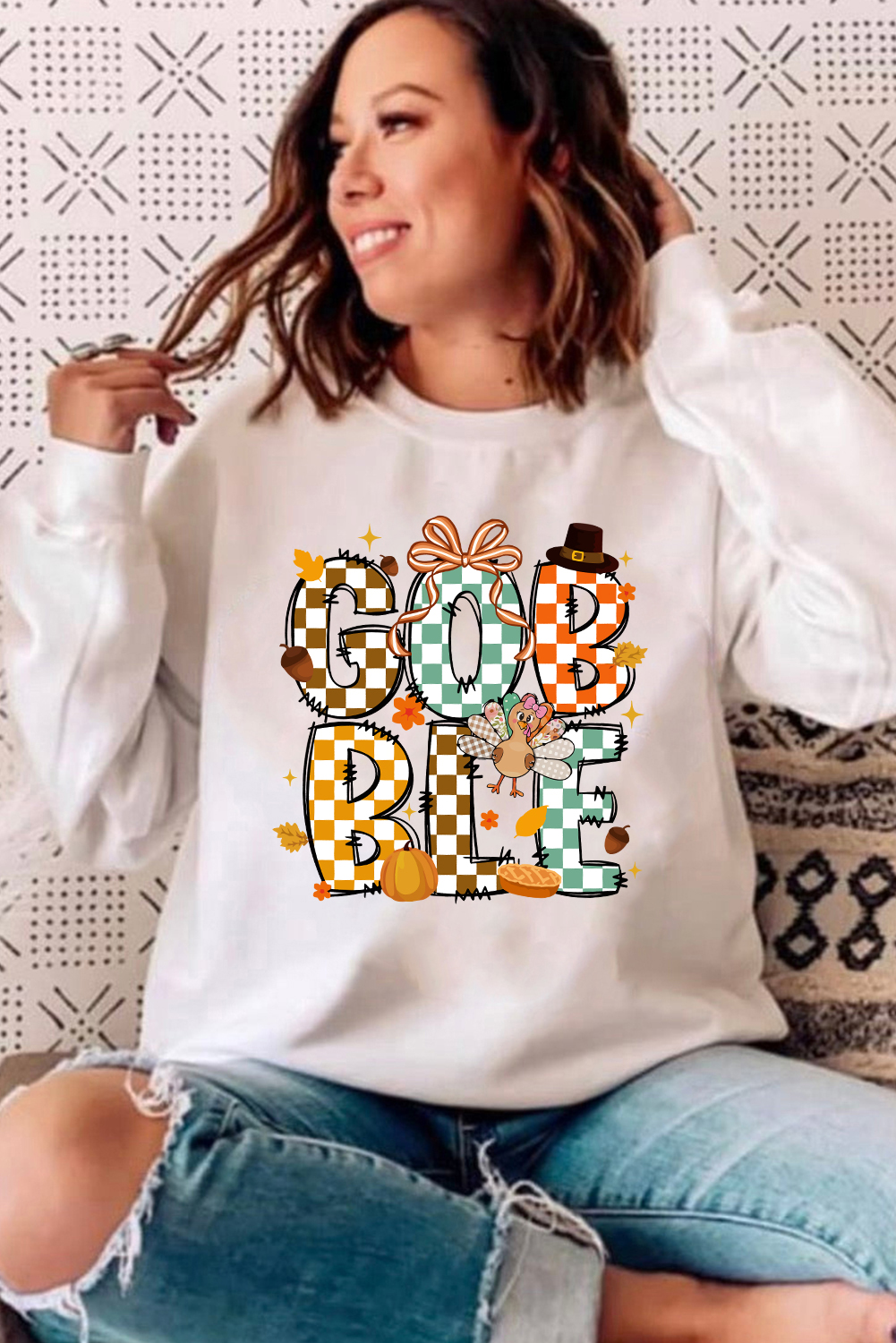 White GOBBLE Checkered Letter Print Thanksgiving Turkey Graphic Sweatshirt - loveforevers