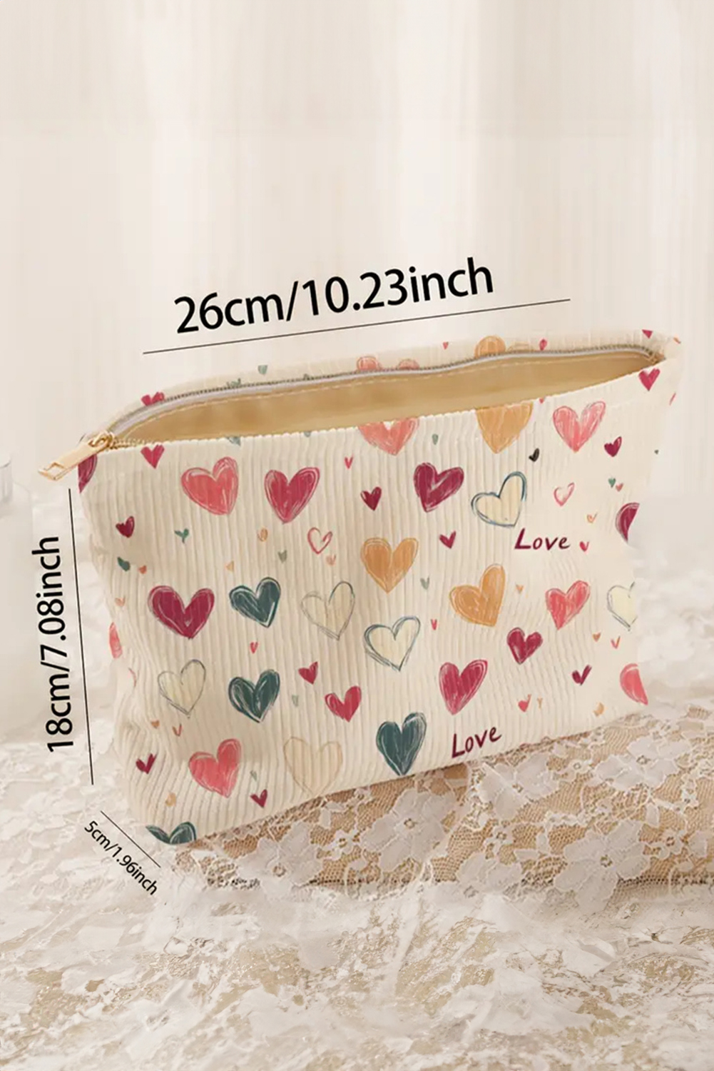 White Love Heart Print Ribbed Canvas Makeup Bag - loveforevers
