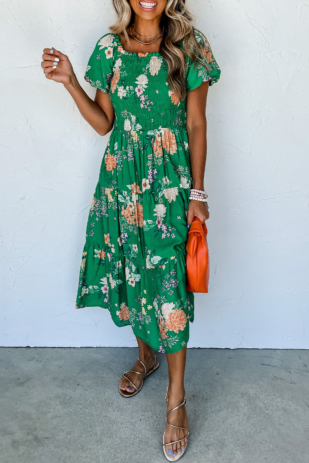 Green Floral Print Bubble Sleeve Smocked Tiered Midi Dress - loveforevers