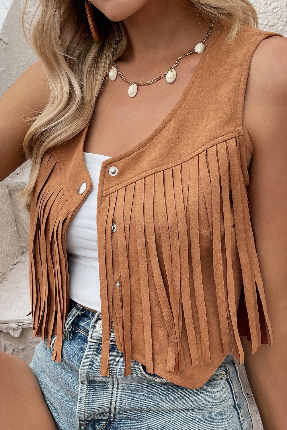 Camel Fringed Snap Button Front Suedette Vest - loveforevers