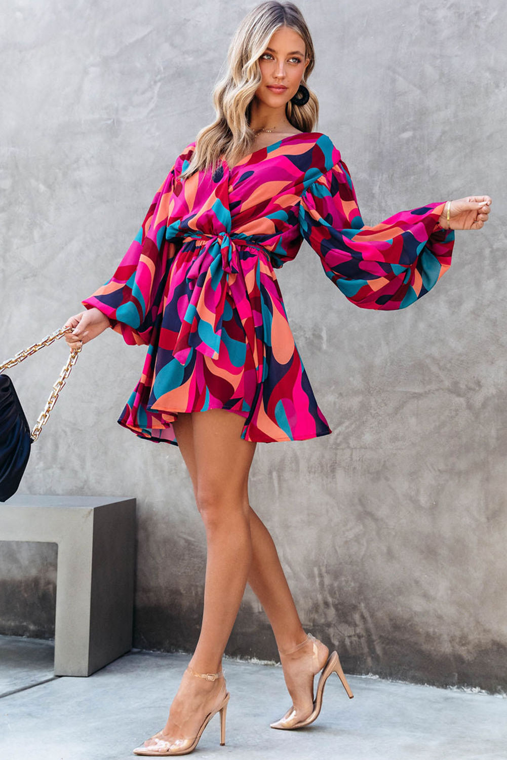 Fiery Red Abstract Printed Belted Puff Sleeve Mini Dress - loveforevers