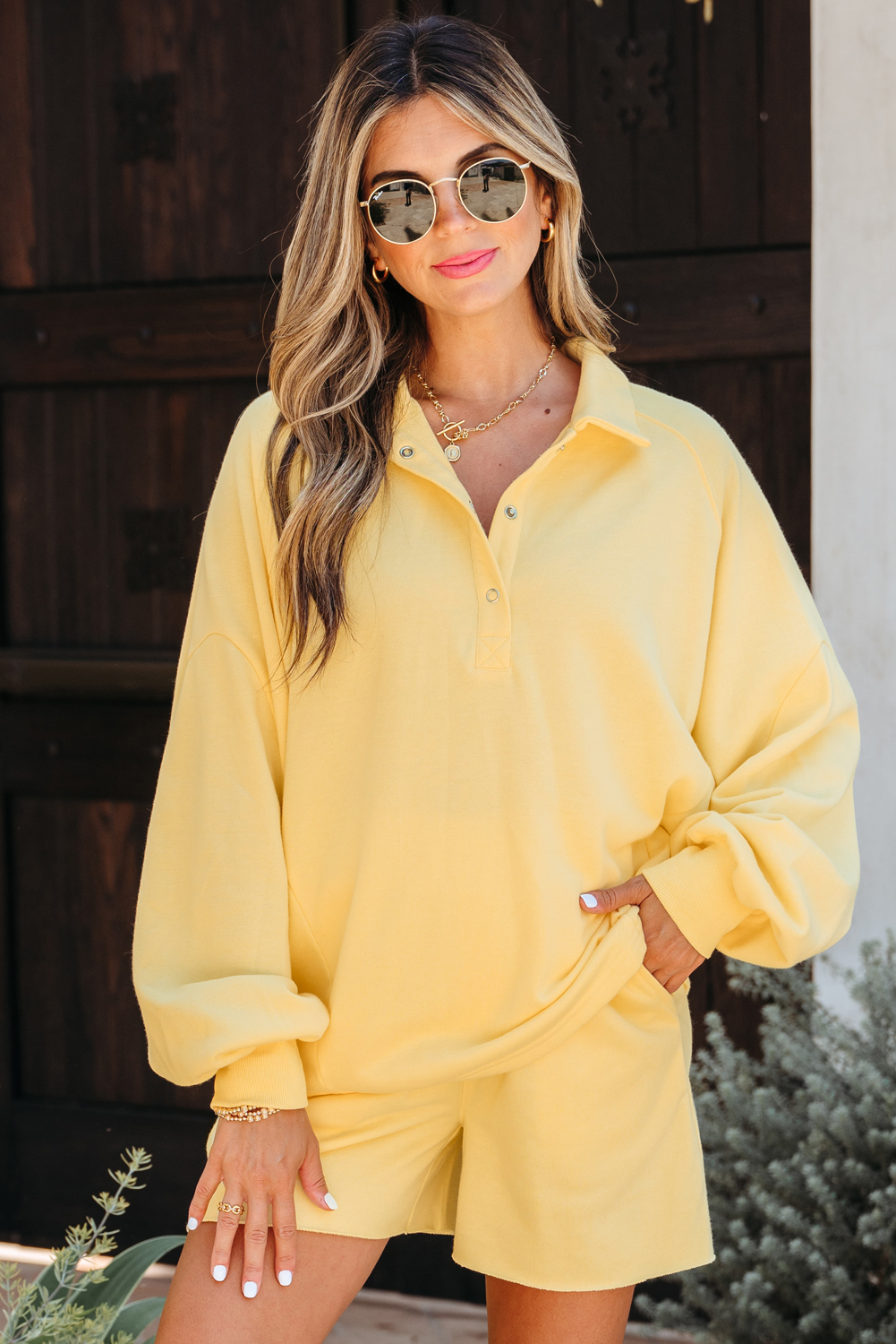 Yellow Cream Button Collar Drop Shoulder Pullover and Shorts 2pcs Outfit - loveforevers