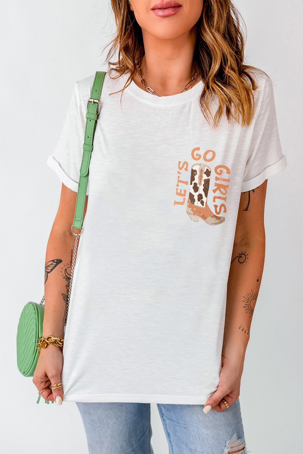 White Western Cowboy Boots Print Round Neck T Shirt - loveforevers