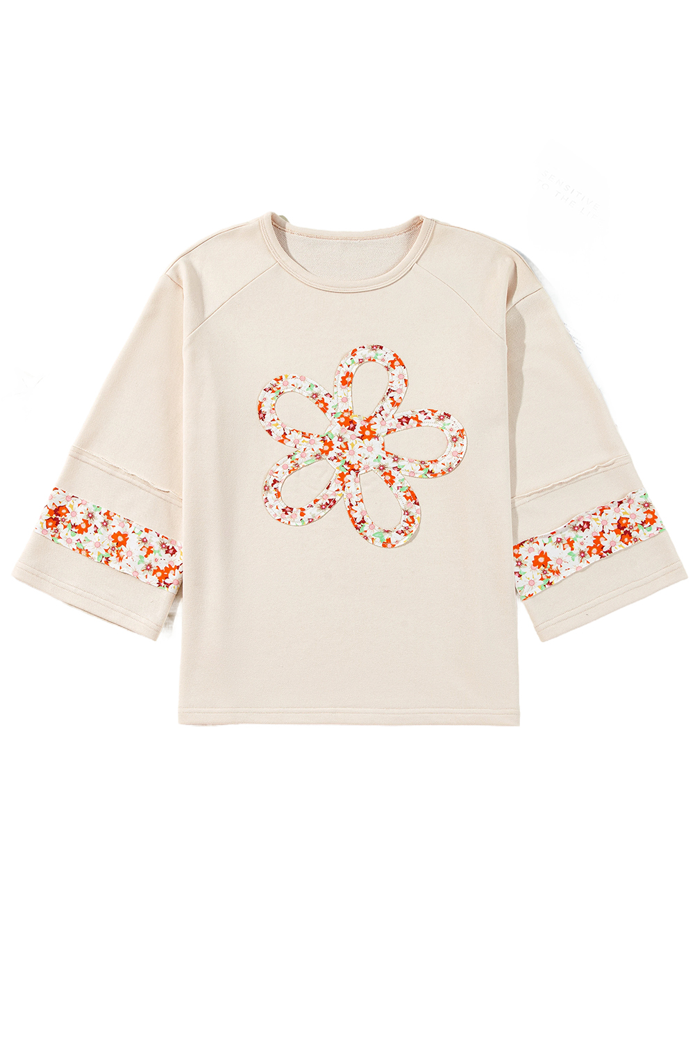 Beige Flower Patch Graphic Exposed Seam Wide Sleeve Top - loveforevers