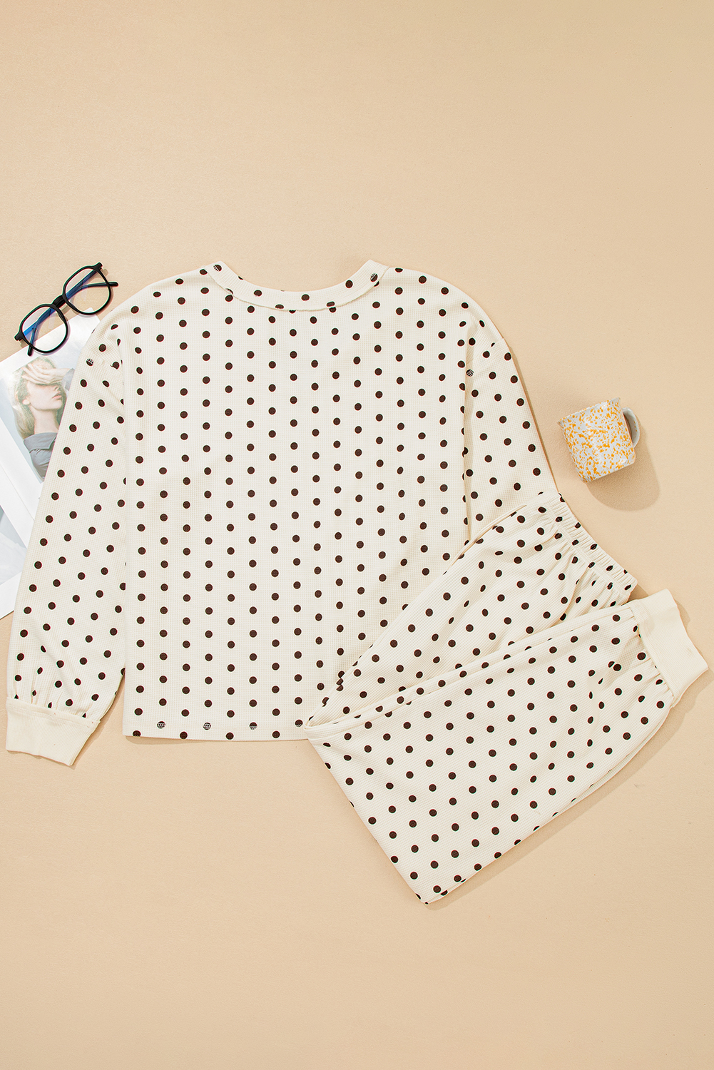White Polka Dot Print Notched Neck Long Sleeve Top Drawstring Jogger Pants Waffle Knit Lounge Set - loveforevers