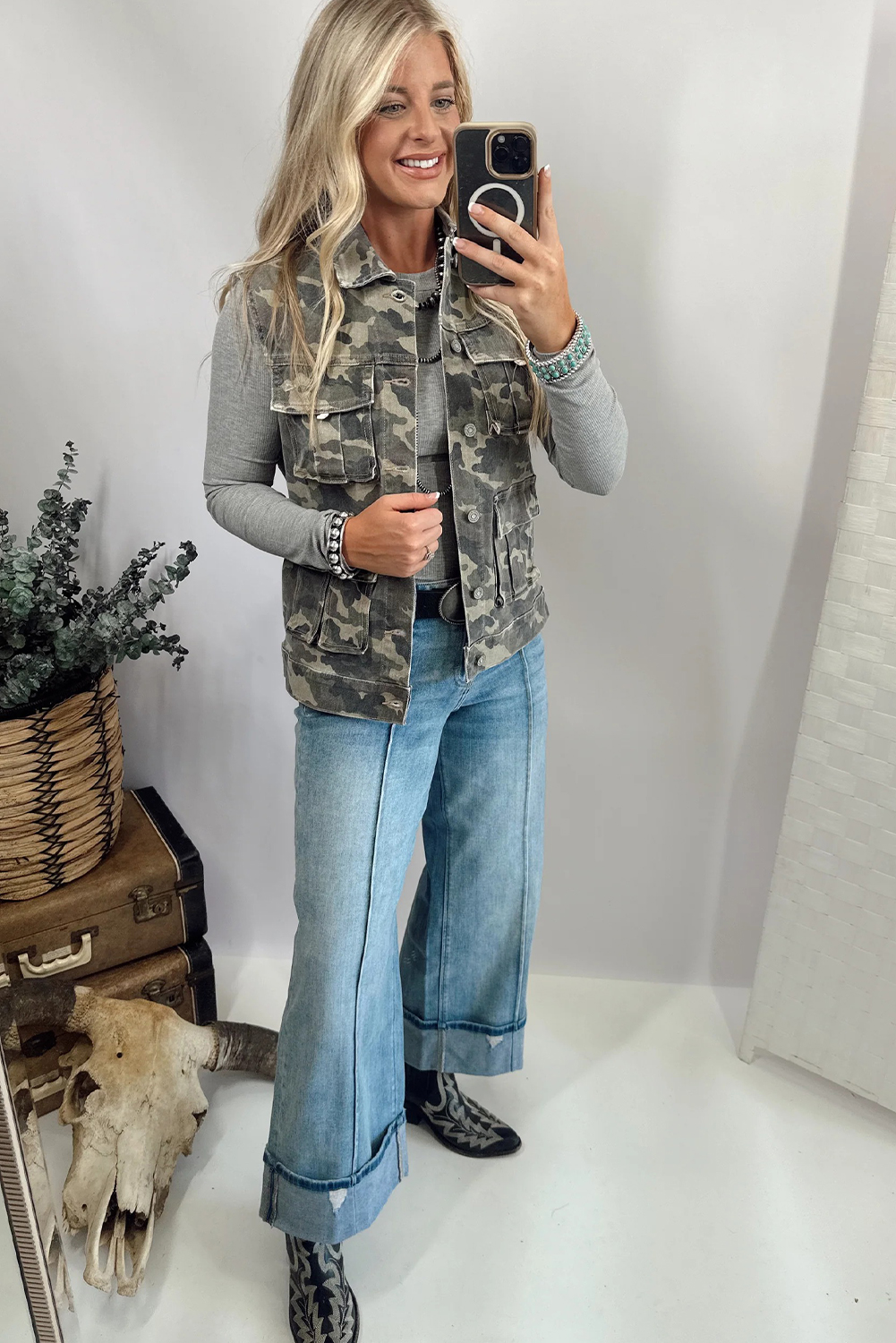 Green Camo Cargo Denim Vest - loveforevers