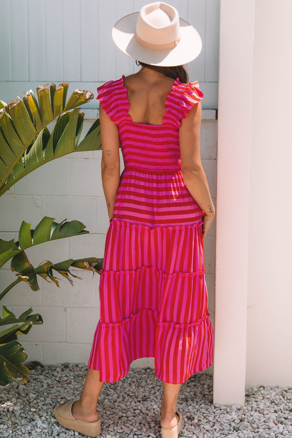 Rose Stripe Flutter Sleeve Smocked Bodice Tiered Maxi Dress - loveforevers