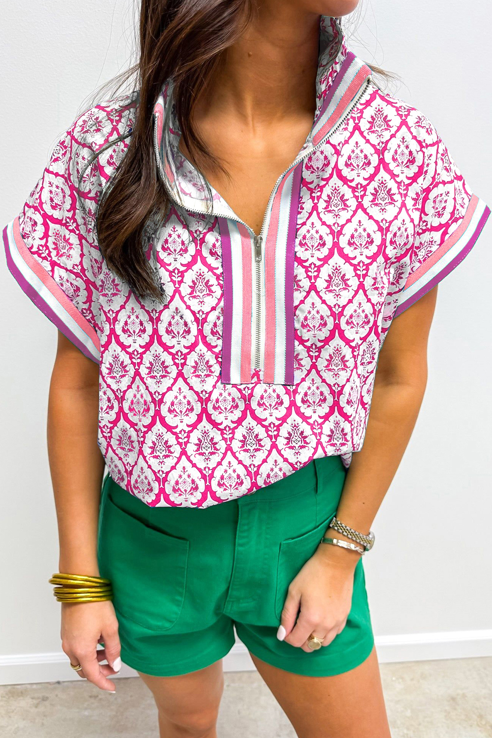 Pink Western Print Zipped Collar Short Sleeve Summer Blouse Top - loveforevers