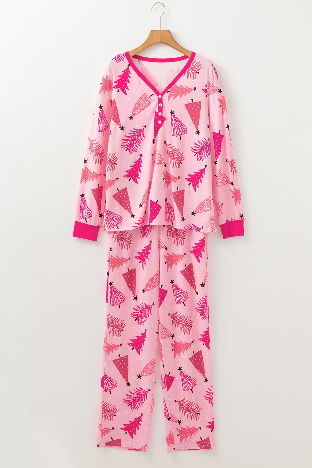 Pink Christmas Tree Print V Neck Buttoned Pullover and Drawstring Pants Lounge Set - loveforevers