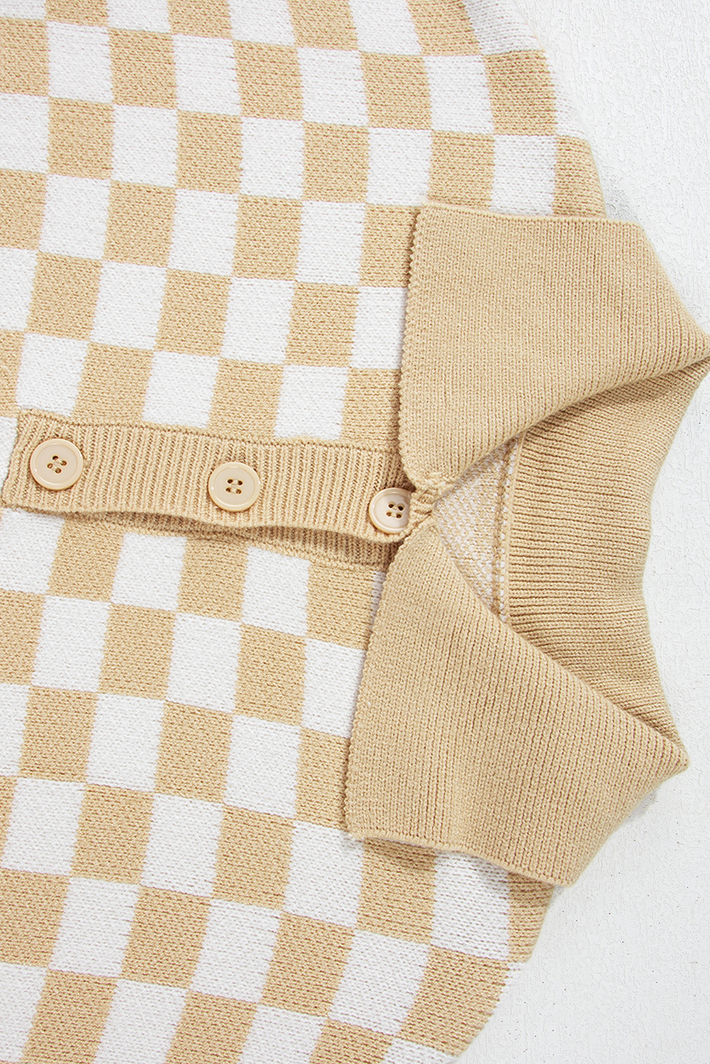 Pink Checkered Buttons Collar V Neck Drop Shoulder Sweater - loveforevers