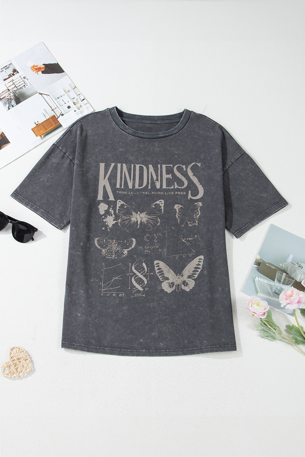 Dark Grey Kindness Butterflies Graphic Mineral Wash Loose Tee - loveforevers