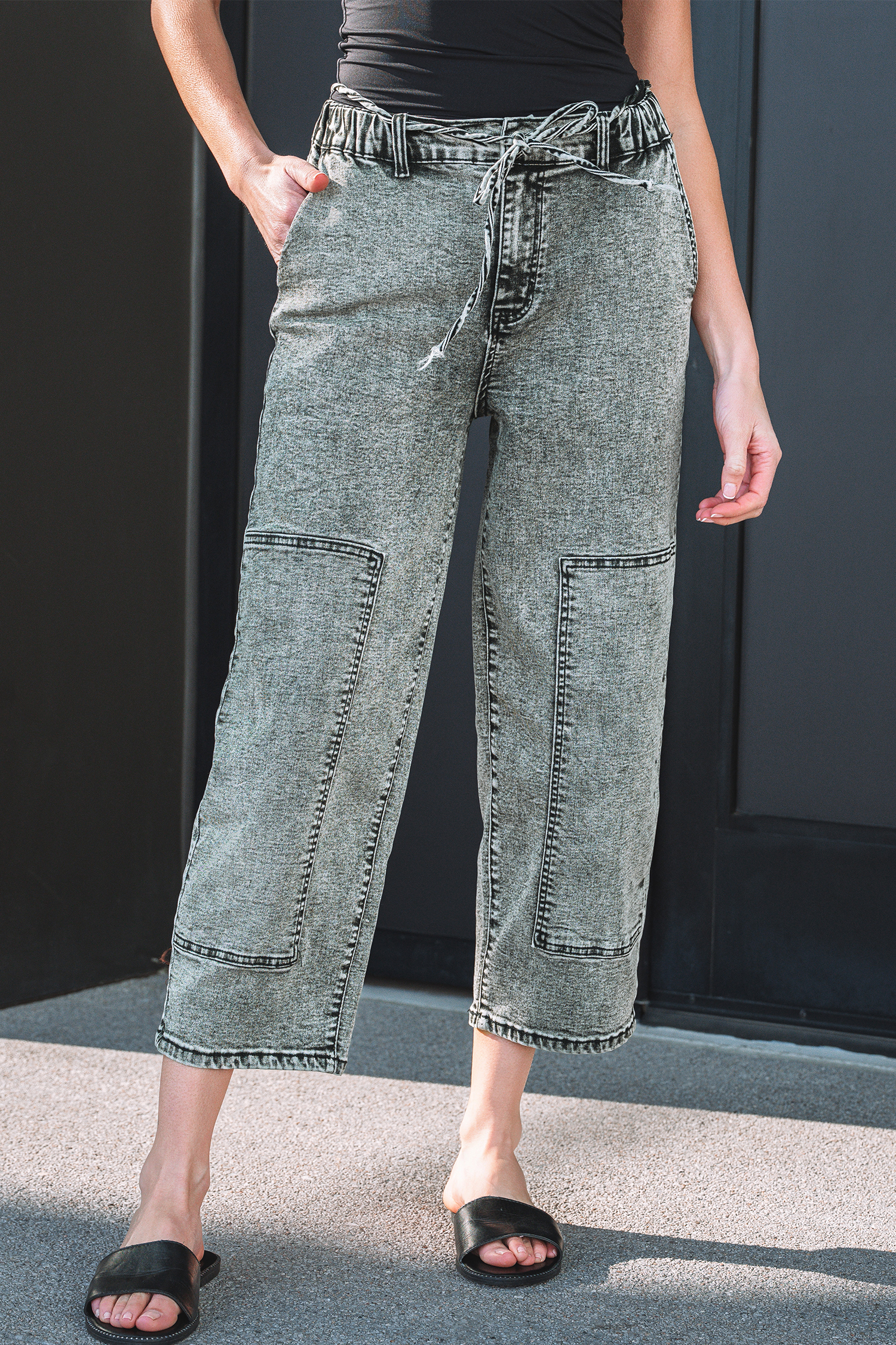 Smoke Gray Acid Wash Barrel Fit Denim Pants with Waist String - loveforevers