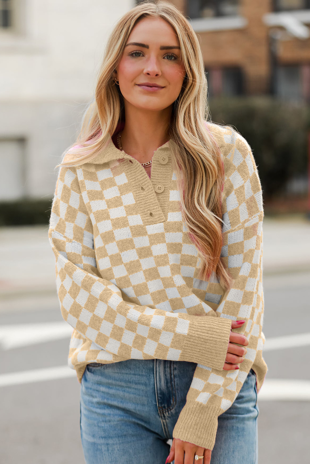 Pink Checkered Buttons Collar V Neck Drop Shoulder Sweater - loveforevers