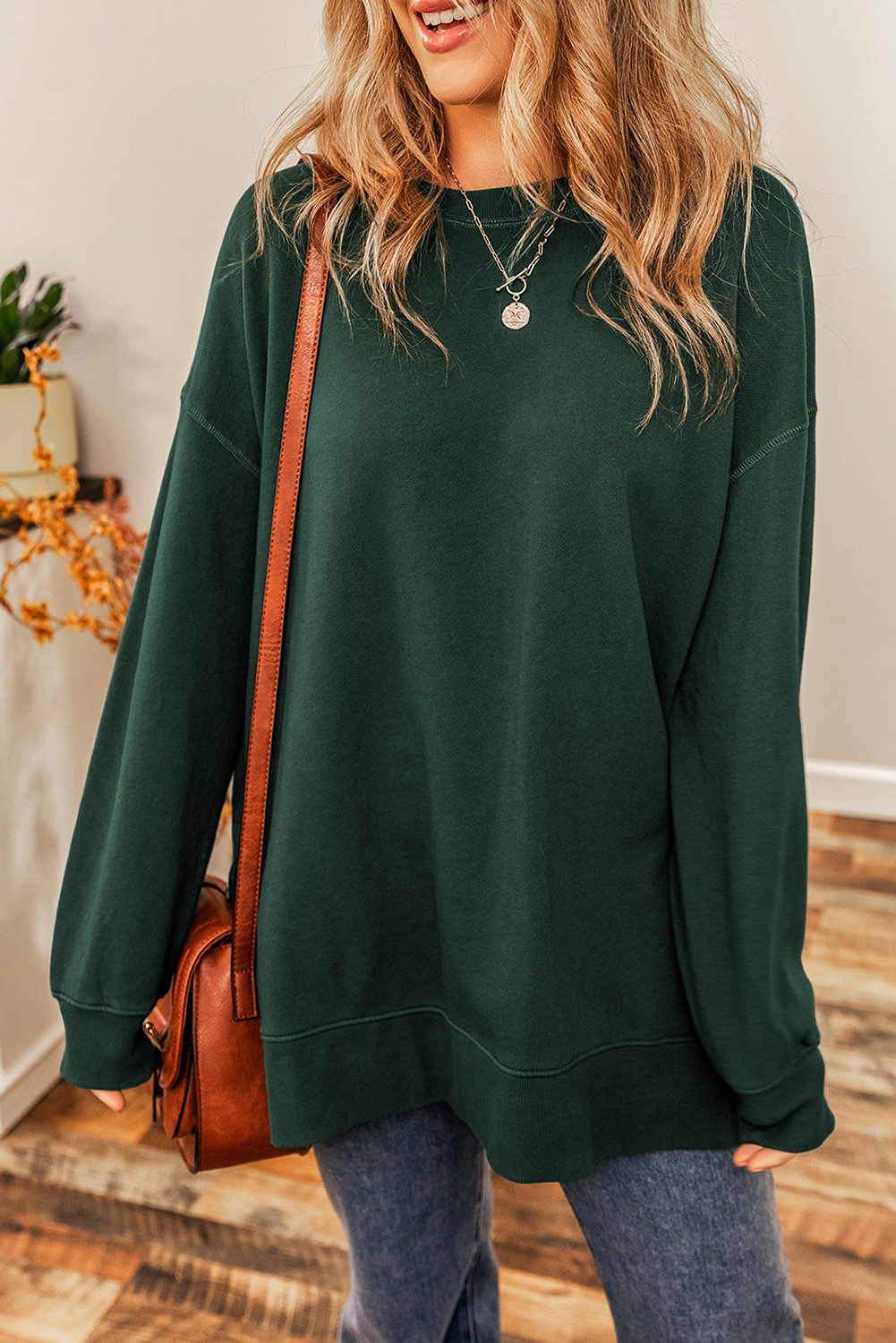 Duffel Green Oversized Drop Shoulder Split Hem Sweatshirt - loveforevers