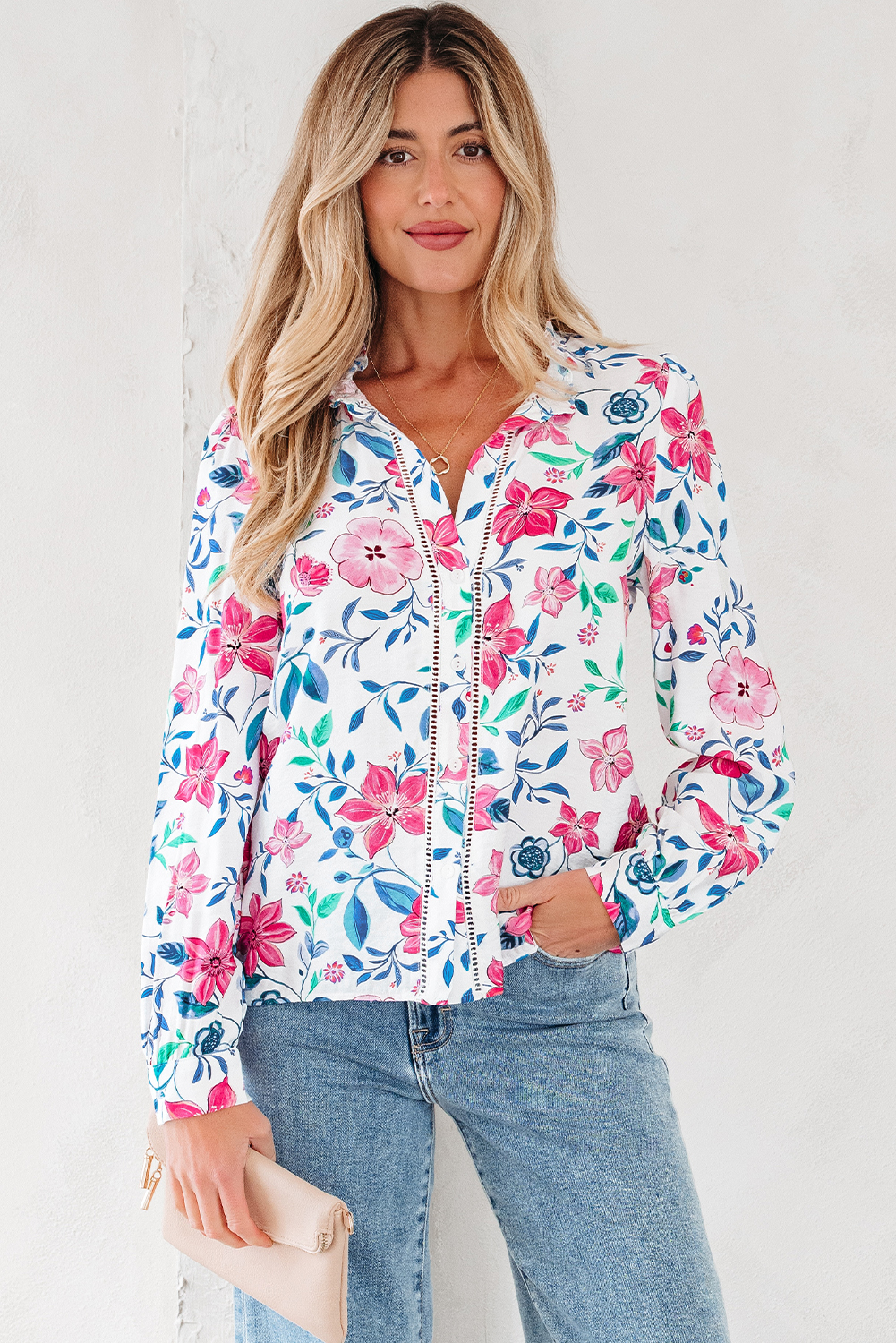 Pink Floral Print Lace Detail Button-up Long Sleeve Shirt - loveforevers