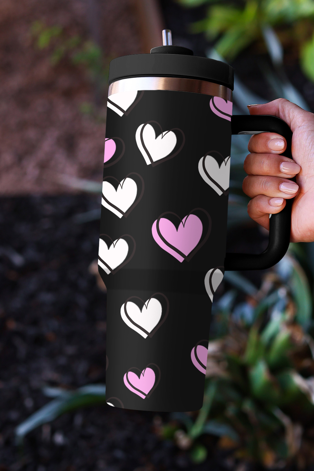 Black Valentines Heart Printed Thermos Cup with Handle 40oz - loveforevers