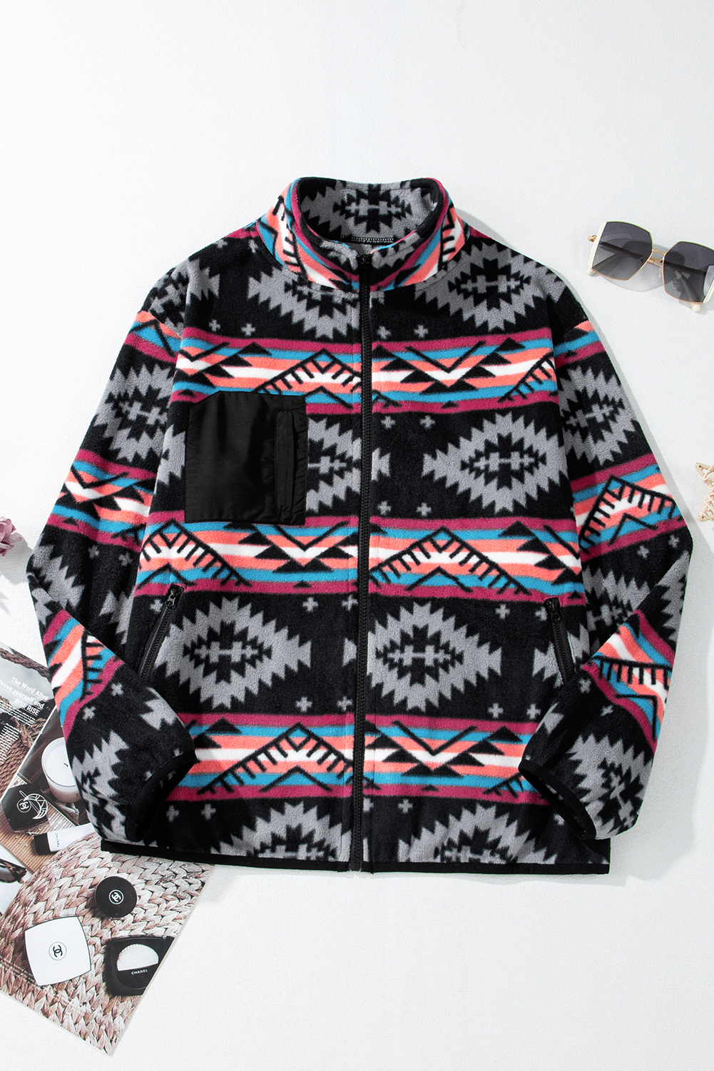 Black Aztec Printed Zip Up Collar Jacket - loveforevers