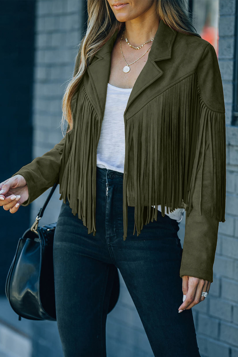 Gray Cropped Fringe Faux Suede Jacket - loveforevers