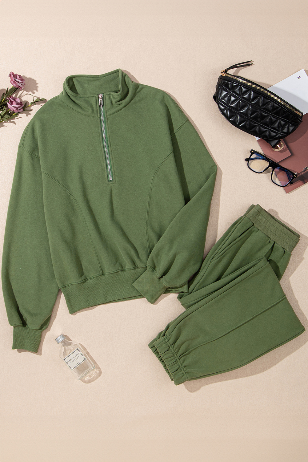 Vineyard Green Half Zip up Pullover Active Top and Joggers Set - loveforevers