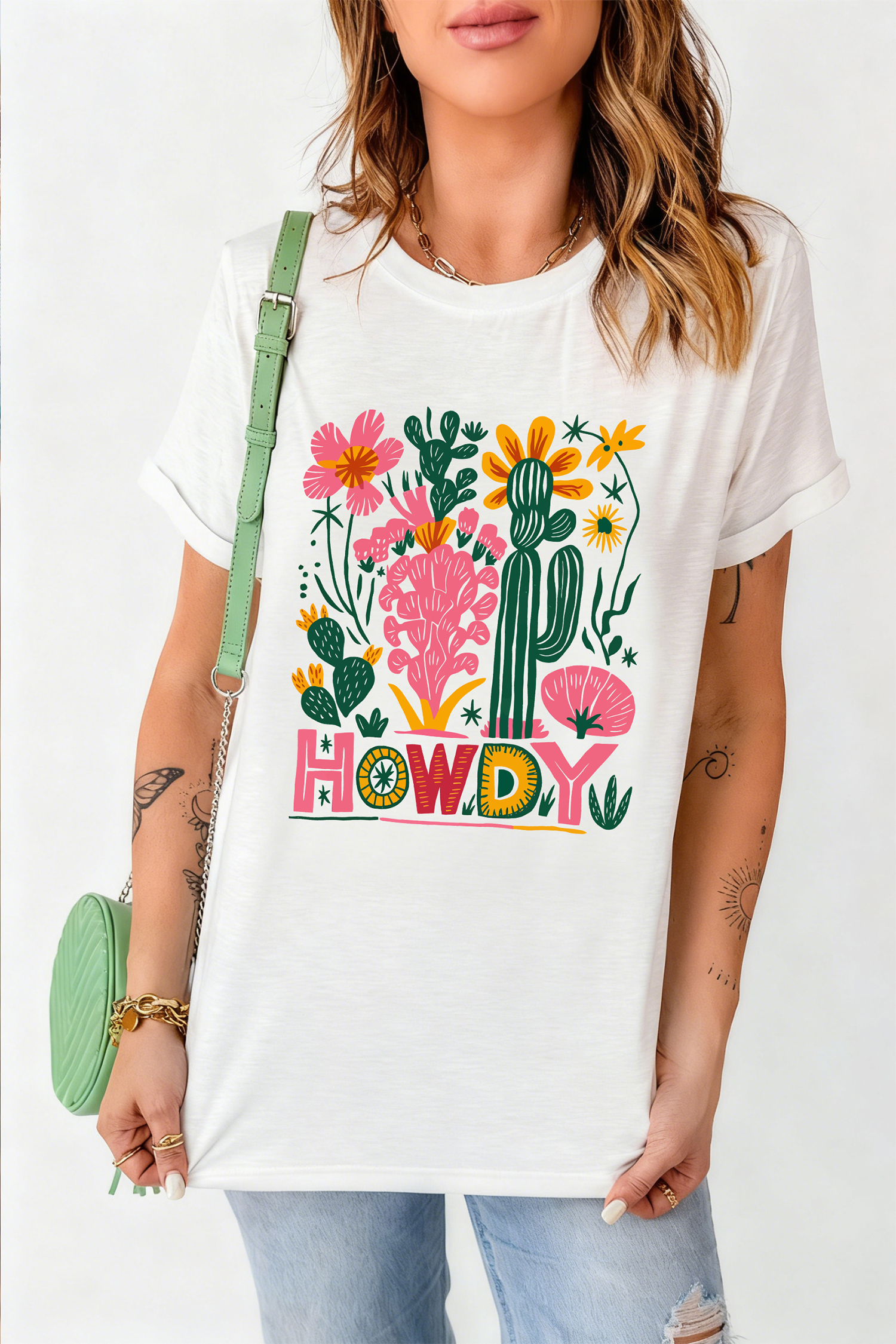 White HOWDY Cactus Flower Printed Cowgirl Fashion Tee - loveforevers