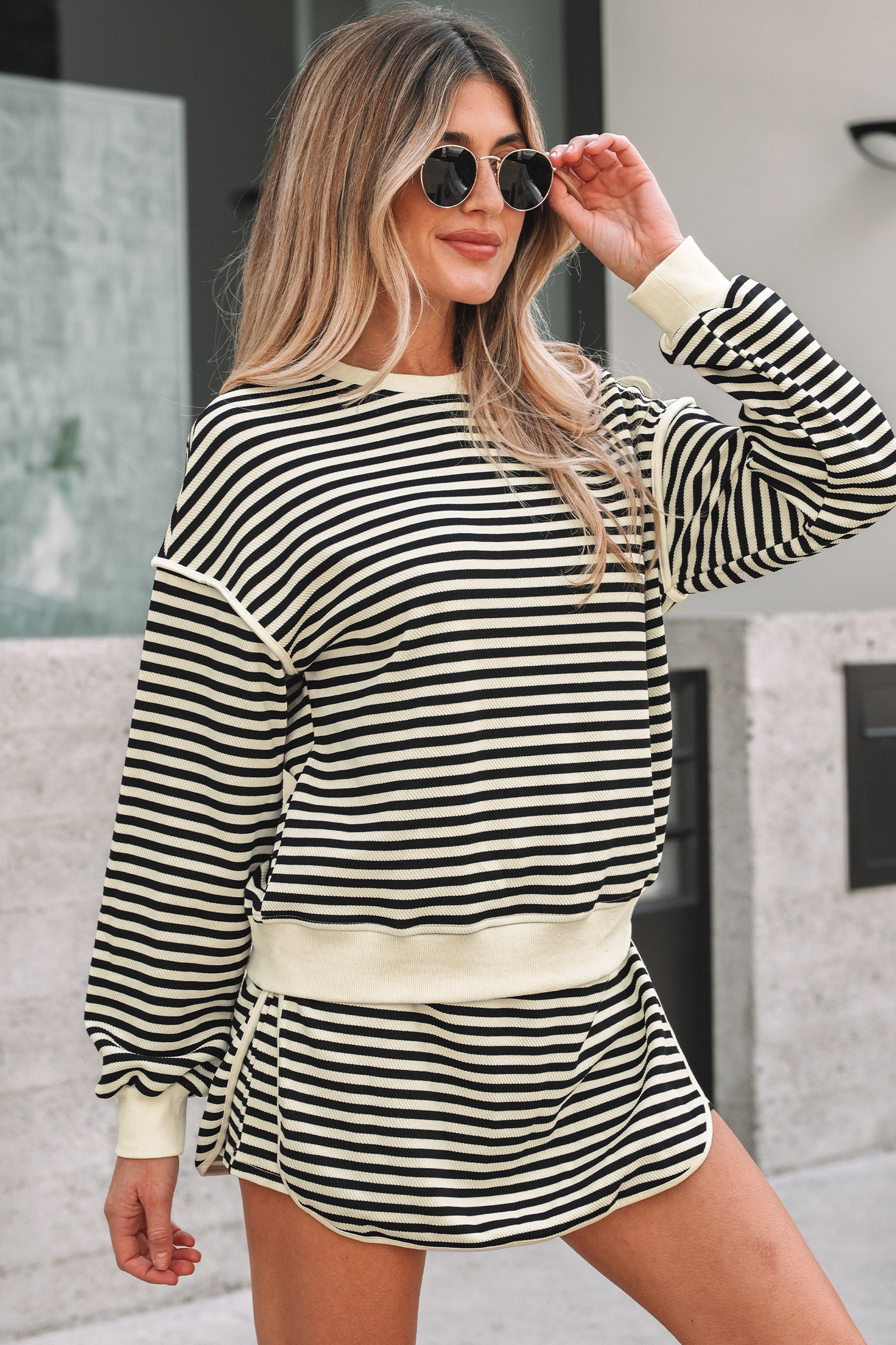 Black Stripe Textured Drop Shoulder Pullover Top Drawstring Mini Skort Two Piece Dress Set - loveforevers