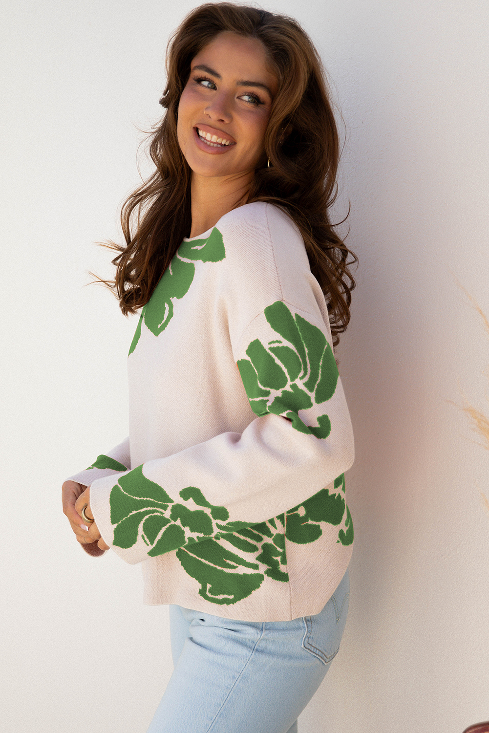 Beige Bold Flower Pattern Wide Sleeve Baggy Sweater - loveforevers