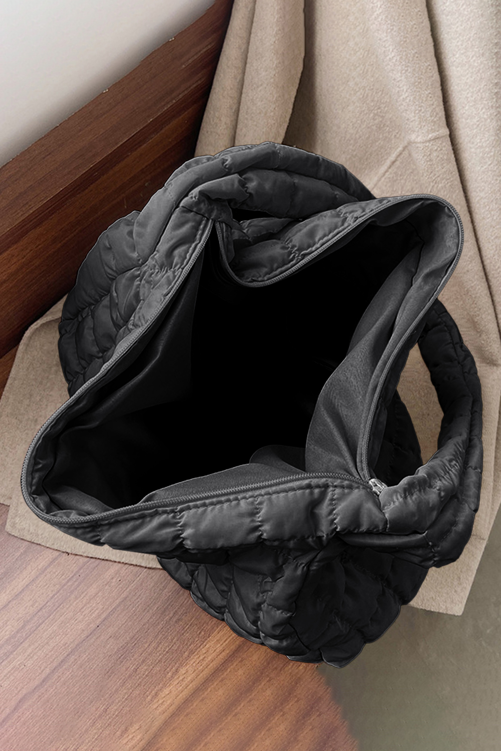 Black Quilted Zipper Large Shoulder Bag - loveforevers