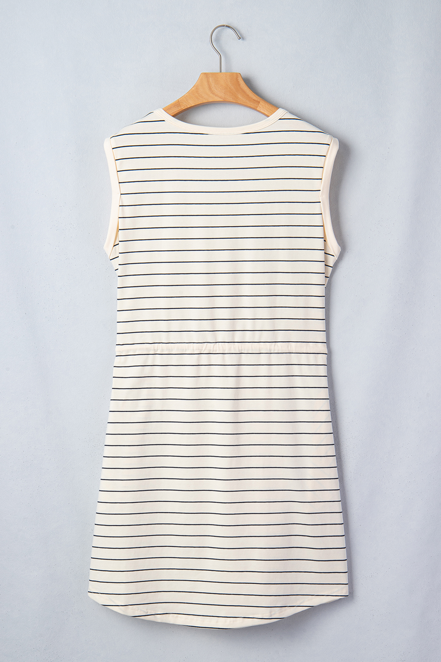 Beige Stripe Drawstring Tunic Tank Mini Dress with Pockets - loveforevers