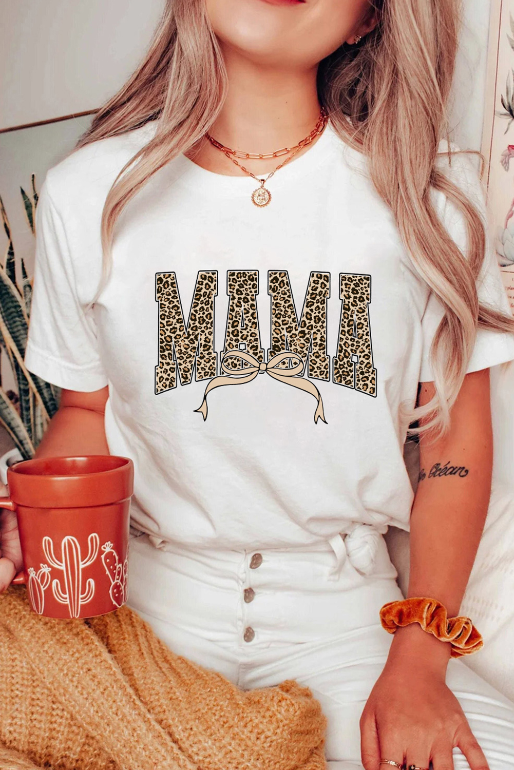 White Leopard Bow MAMA Graphic Crew Neck T Shirt - loveforevers