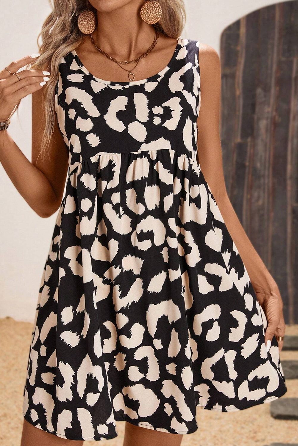 Black Leopard Print U Neck Sleeveless High Waist Dress - loveforevers