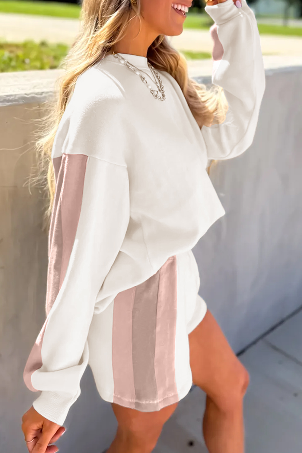 White Color Block Patchwork Drop Shoulder Pullover Casual Shorts 2pcs Outfit - loveforevers