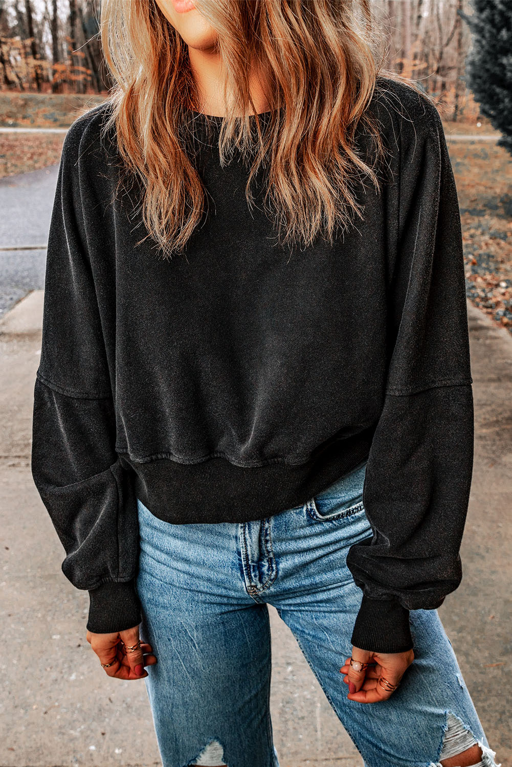 Black Acid Wash V-shape Open Back Sweatshirt - loveforevers