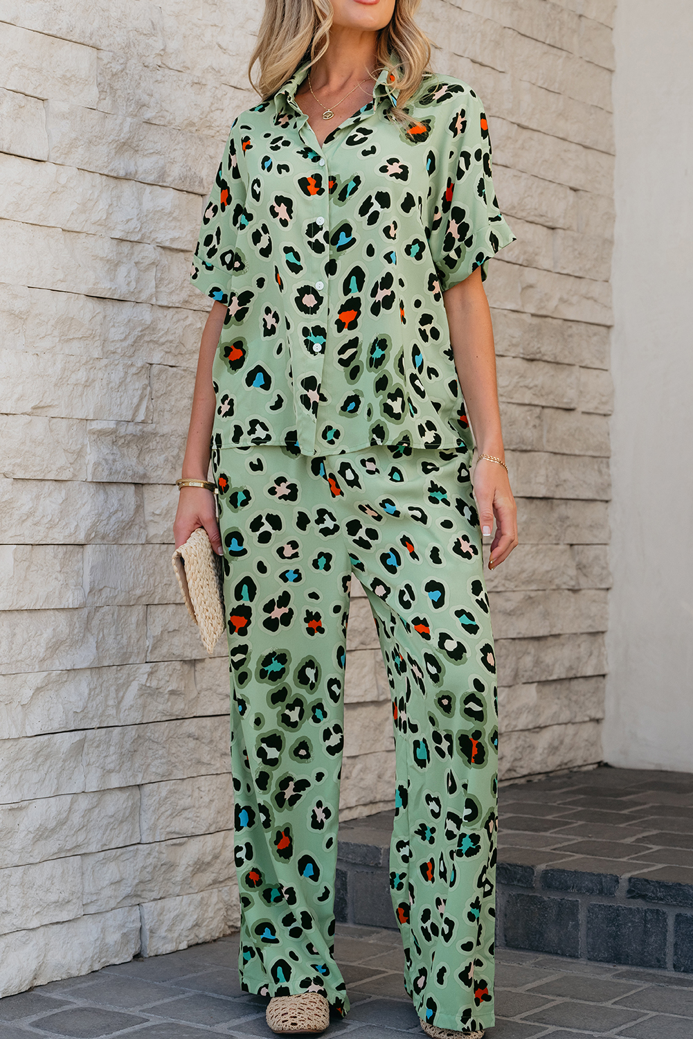 Green Leopard Print Short Sleeve Shirt and Wide Leg Pants Set - loveforevers
