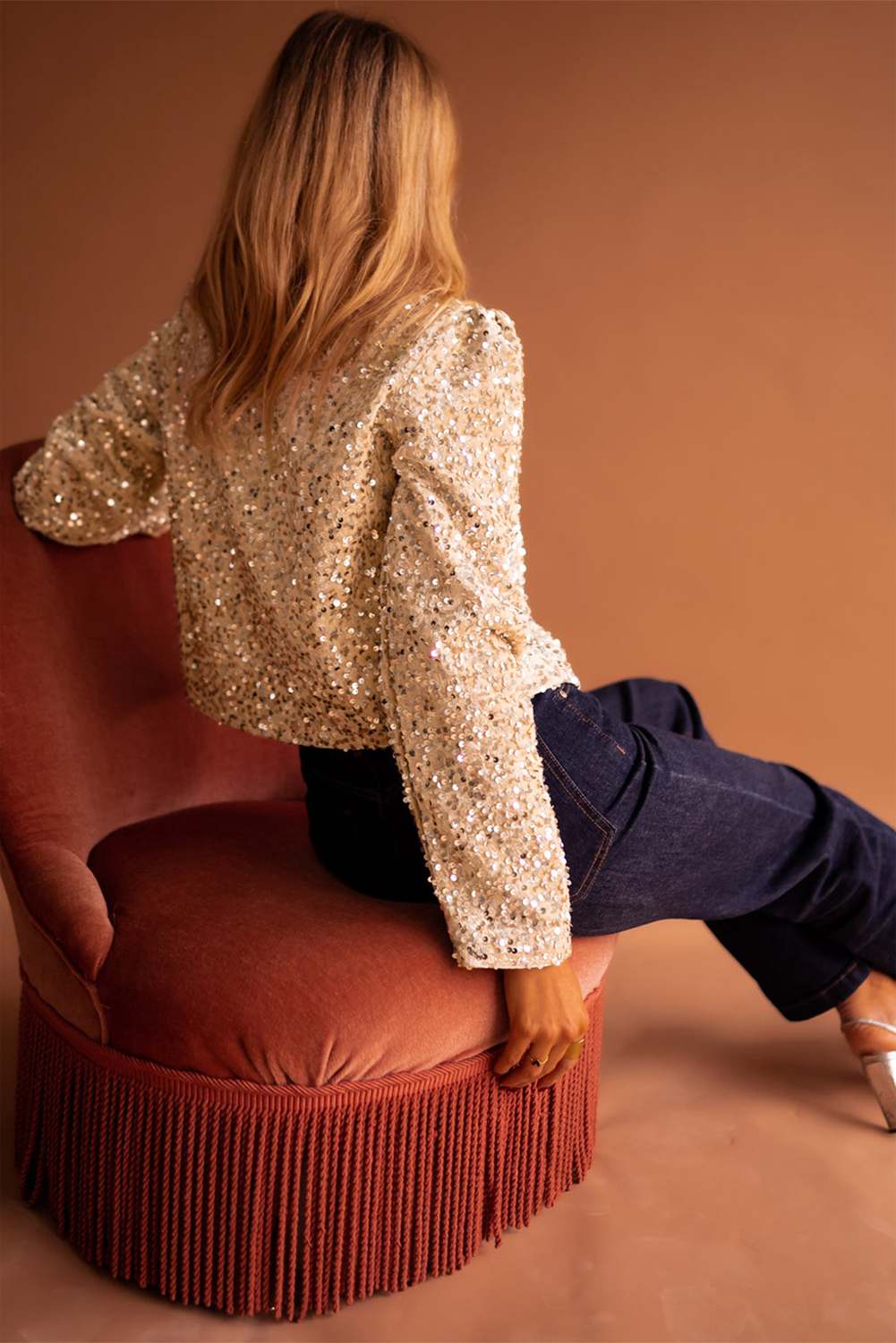 Golden Fleece Sequined Open Front Cropped Jacket - loveforevers