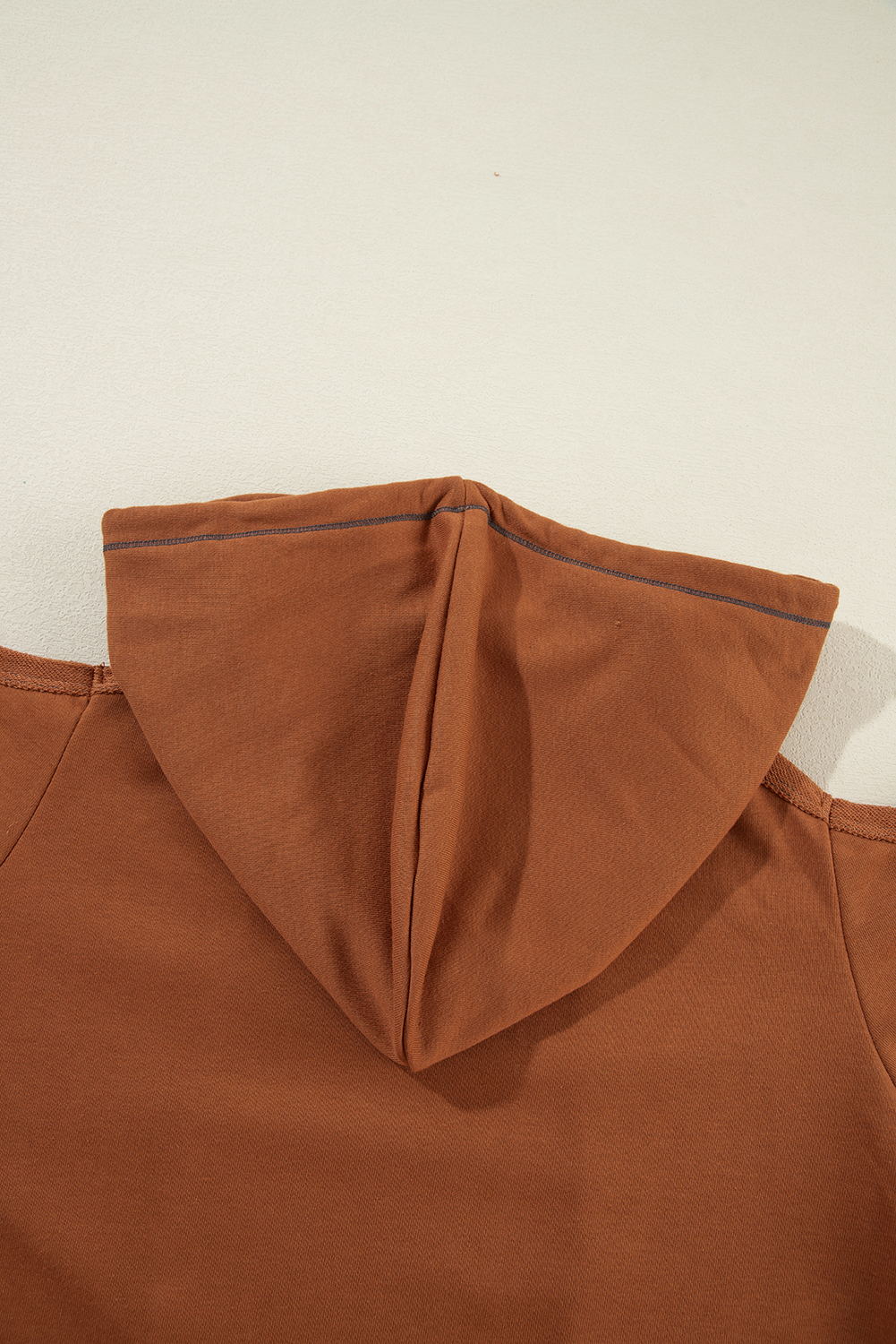 Cinnamon Exposed Seam Cold Shoulder Drawstring Hoodie - loveforevers