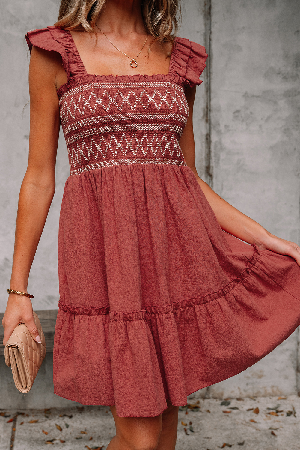 Red Sandalwood Geometric Stitch Shirred Bodice Ruffled Trim Sleeveless Mini Dress - loveforevers