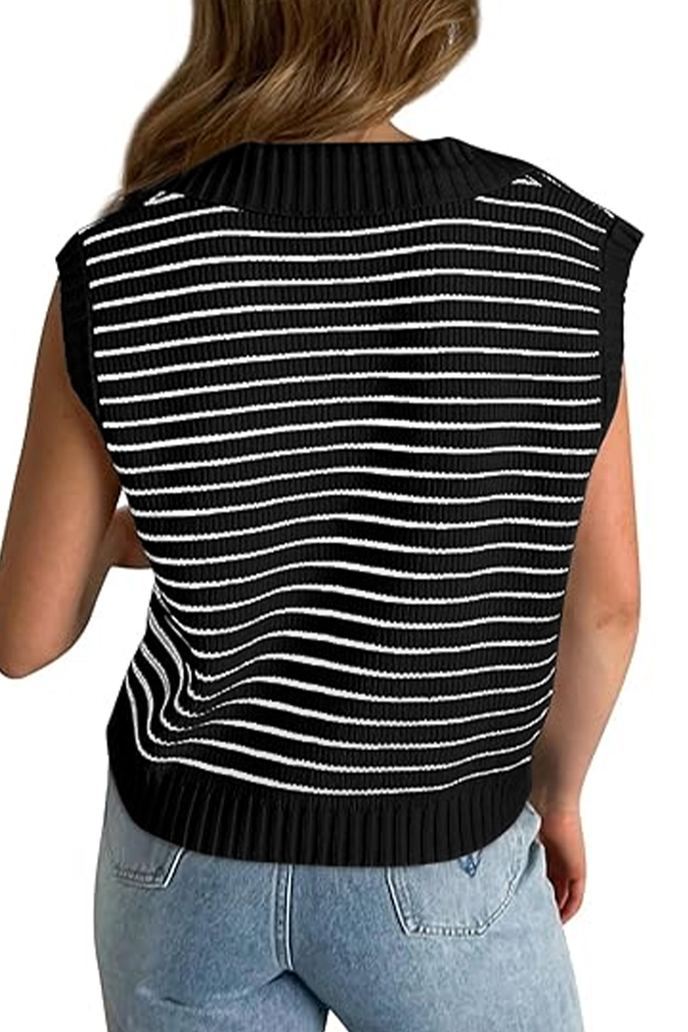 Beige Stripe Turn-down V Neck Sweater Tank Top - loveforevers