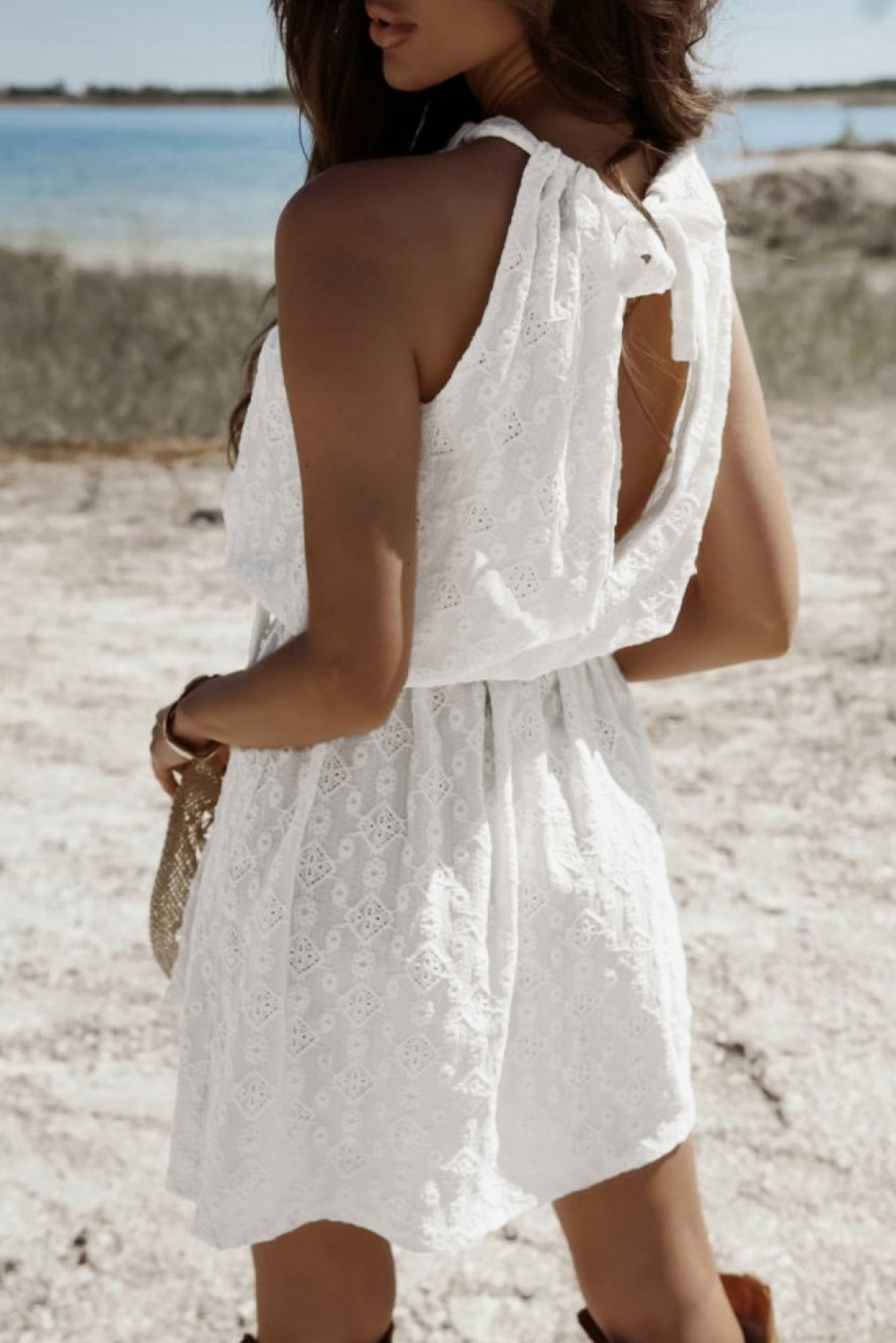 White Lace Sleeveless Knot Hollow Out Back Tied Waist Mini Dress - loveforevers