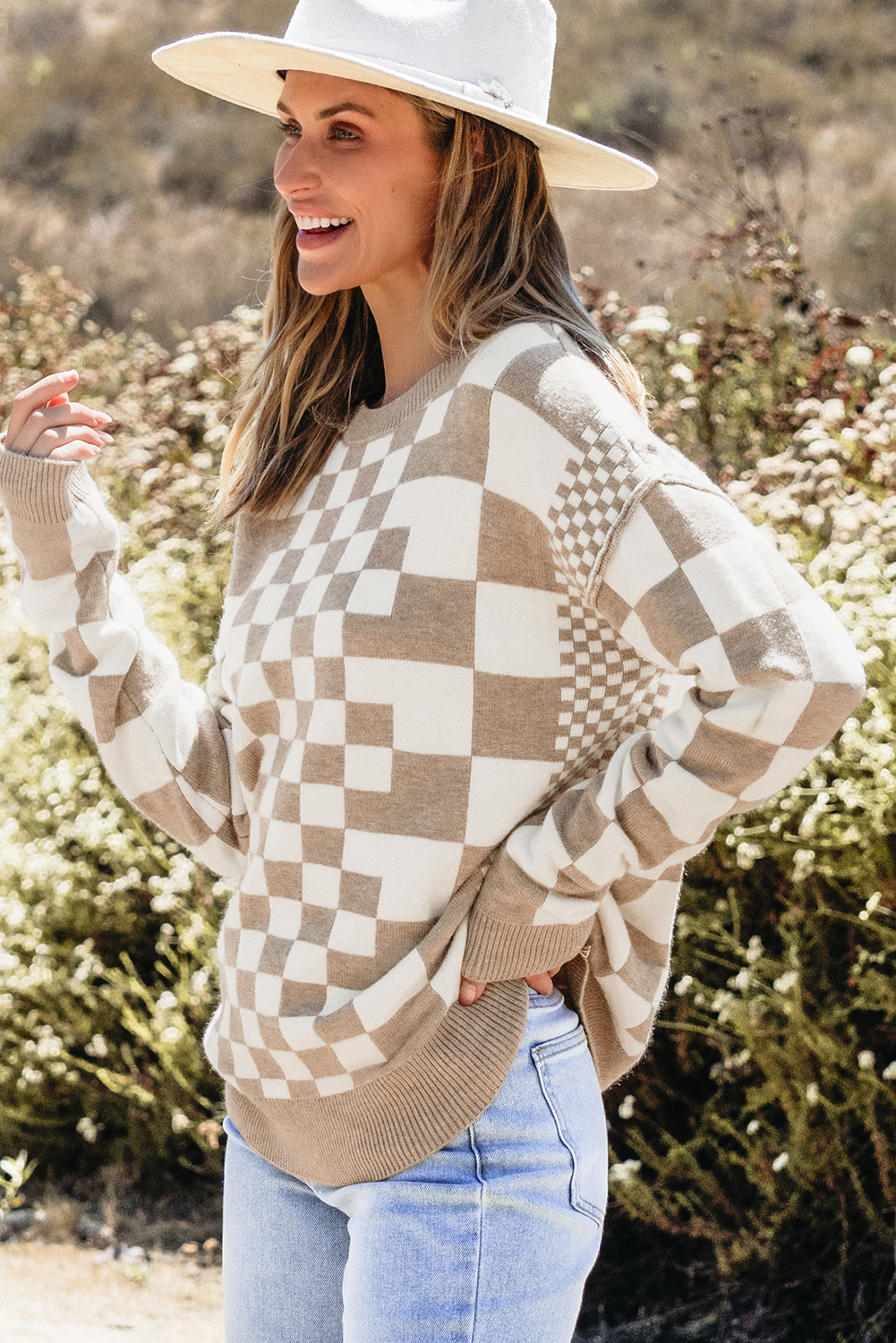 Khaki Checkered Print Drop Shoulder Round Neck Sweater - loveforevers