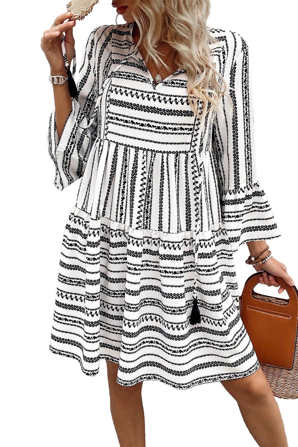 Black Stripe V Neck Bell Sleeve High Waist Mini Dress - loveforevers