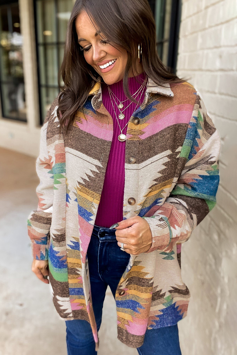 White Aztec Print Button Up Shacket - loveforevers