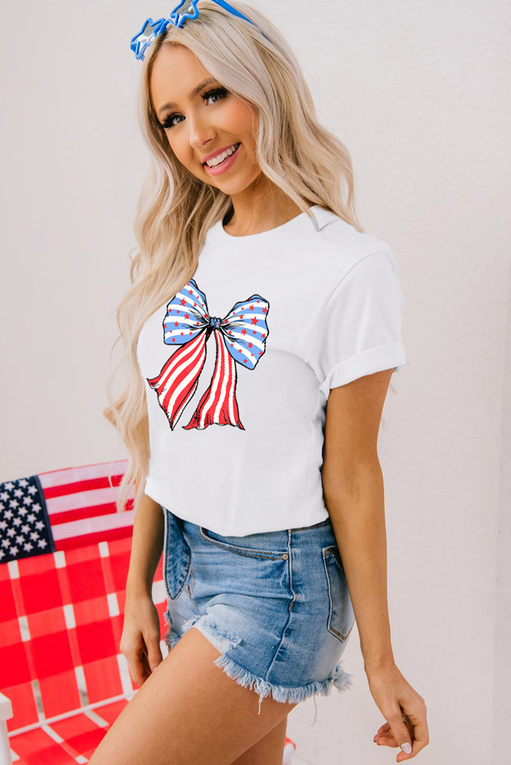 Khaki American Flag Bow Knot Print Round Neck T Shirt - loveforevers