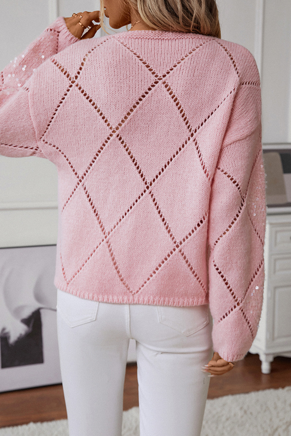 Dusk Blue Hollowed Rhombus Pattern Sequin Detail Round Neck Sweater - loveforevers