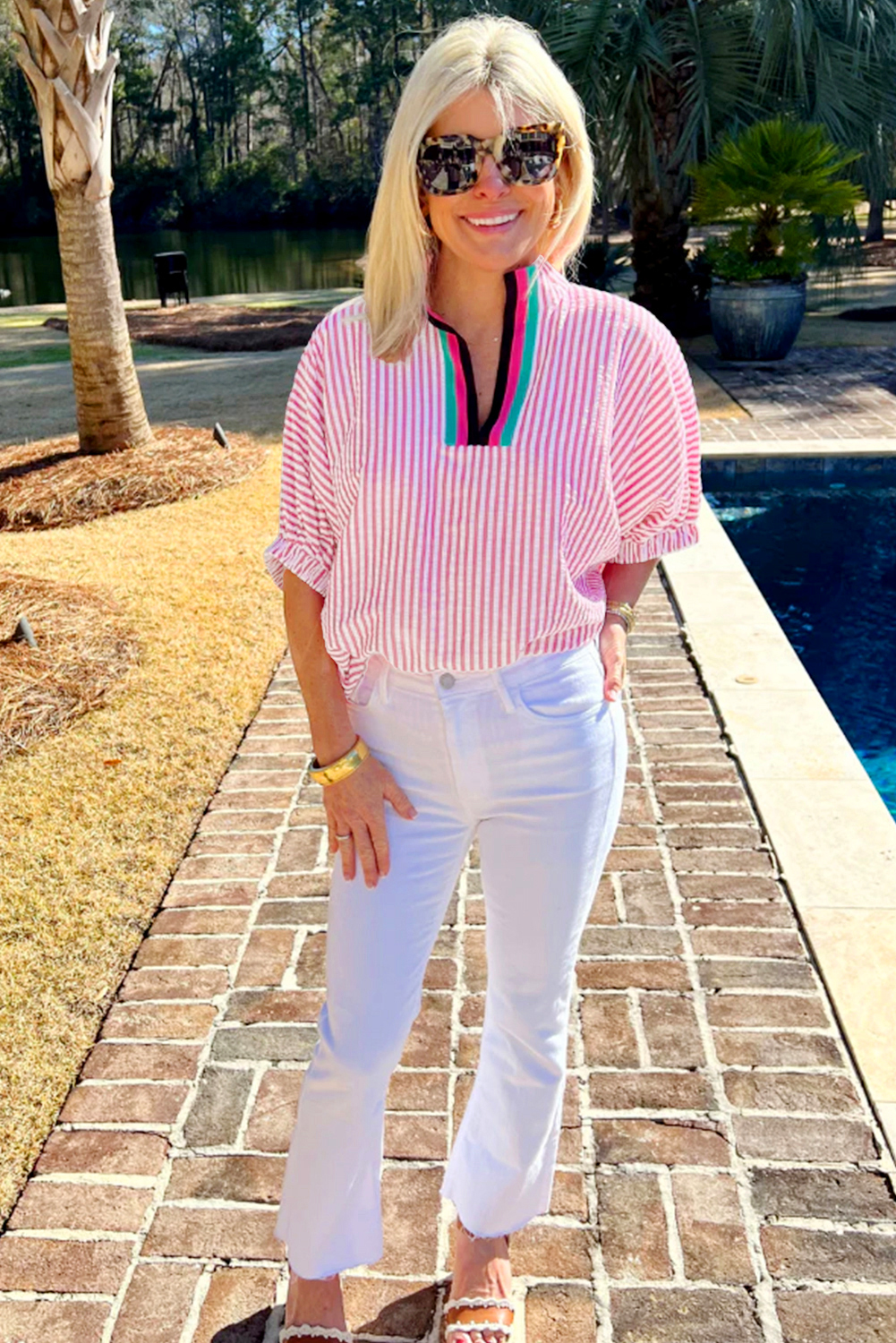 Sachet Pink Striped Print Contrast Split Neck Dolman Sleeve Blouse - loveforevers
