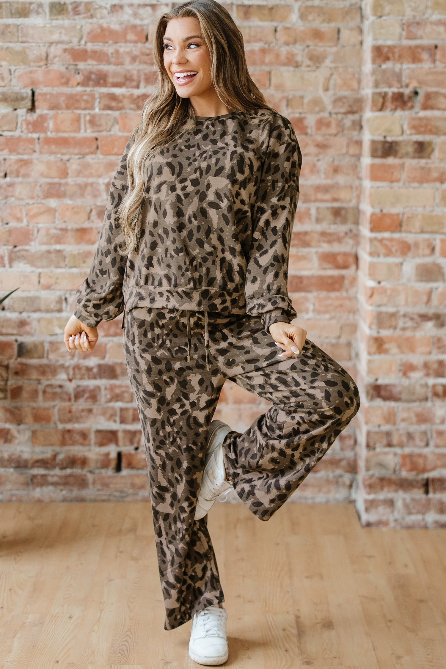 Brown Leopard Loose Tee Drawstring Waist Barrel Pants Set - loveforevers