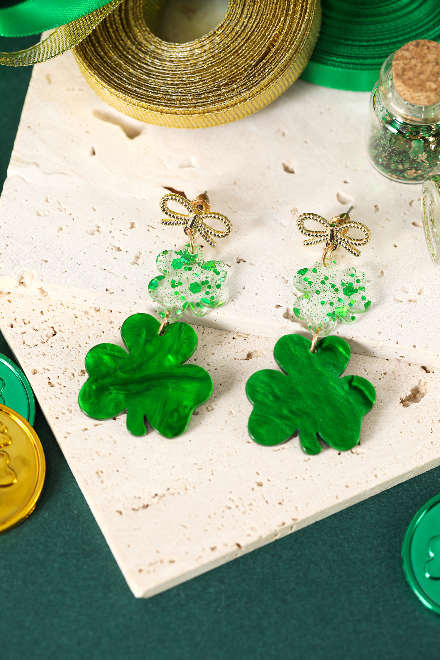 Green Double Clover Dangle Pendant Bow Stud Earrings - loveforevers